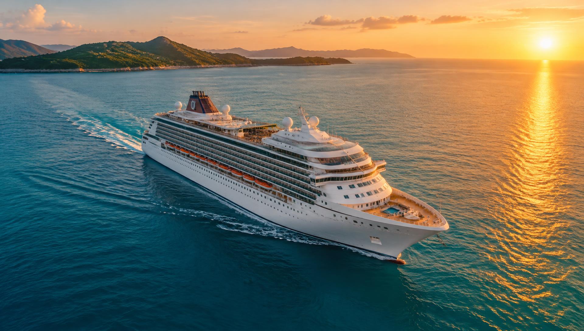 Cruise ship sailing at sunset (illustrative)